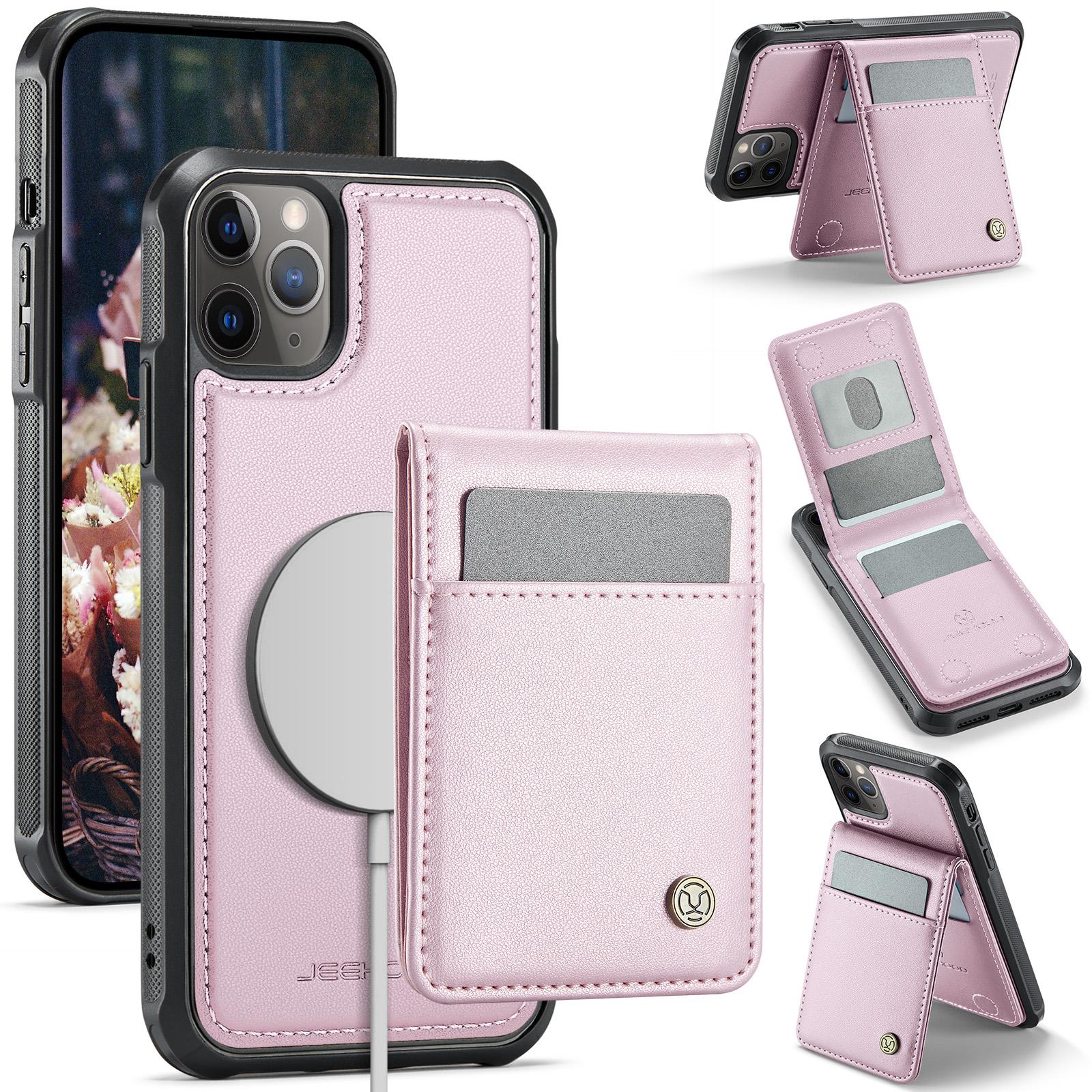 

For iPhone 11 Pro Leather Back Cover Compatible with MagSafe JEEHOOD J06 Phone Case with Card Bag RFID Blocking Pink