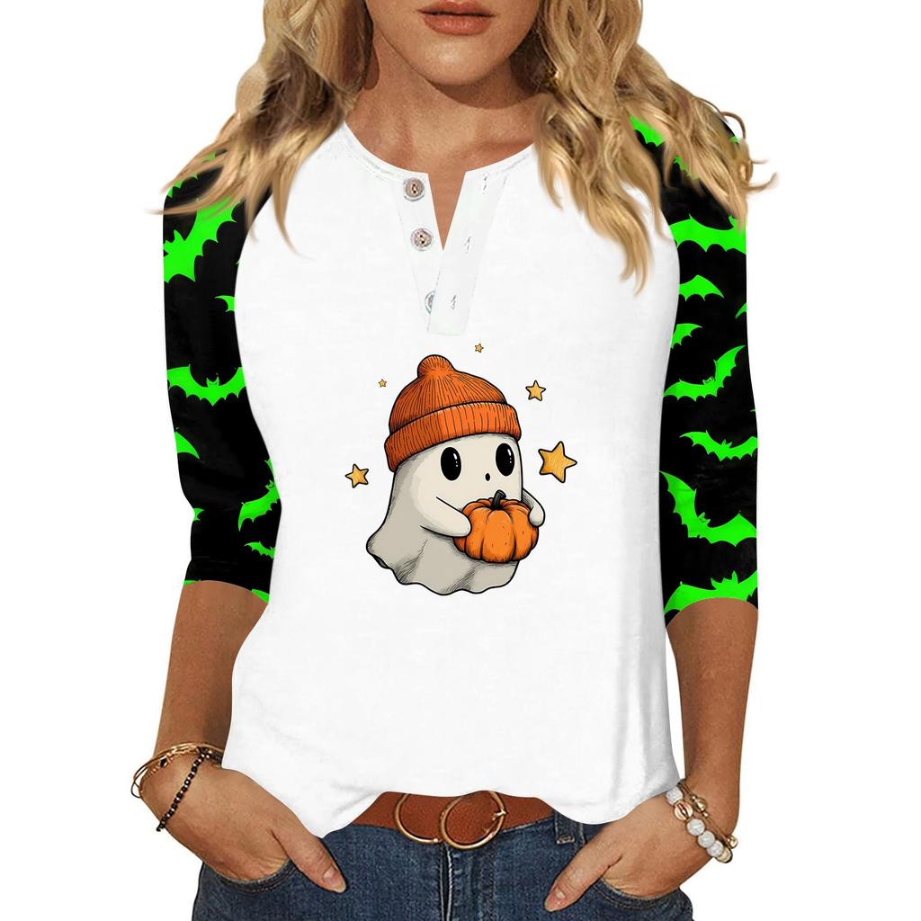 Dames T-shirt Halloween Print Knopen 3/4 Mouw Dagelijks Weekend Mode Basic V-Hals Normaal Topje