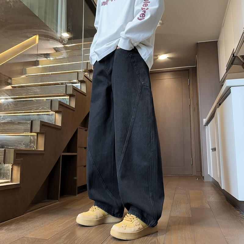 Herren gewaschene Wide Leg Jeans, Amerikanischer Street Style lockere gerade Freizeithose 3XL schwarz
