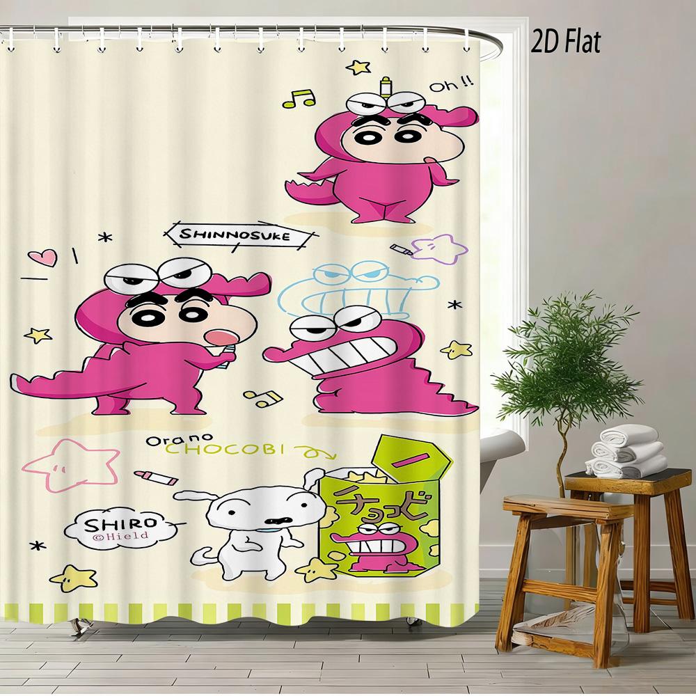 Crayon Shin-Chan & Shiro & Himawari Photo Collage Scene 2D Print Waterproof Shower Curtain, Warm Yellow Checkered With Star Acce