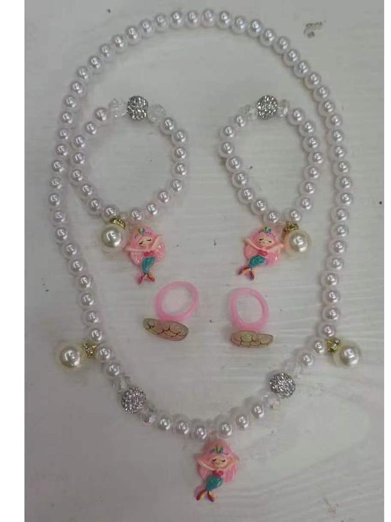 Colorful Pearl Necklace and Jewelry Set: Beaded Bracelet, Cartoon Headband, Earrings - Princess Accessories for Girls
