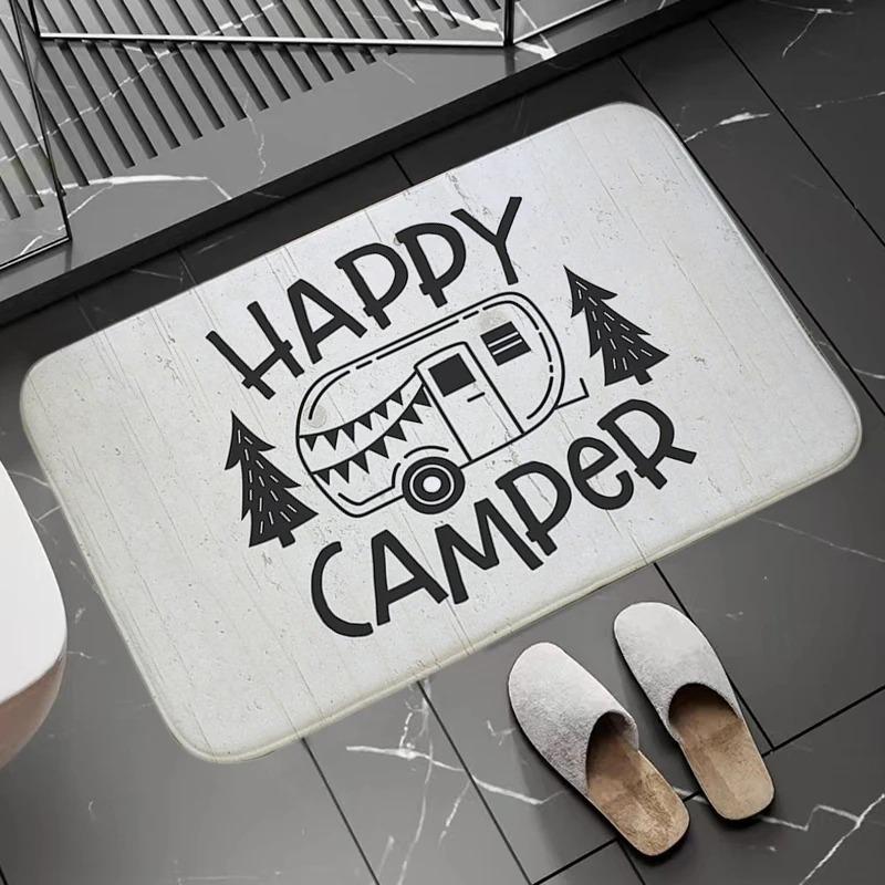 Tappetino per Porta Camper Retrò Happy Camper Tappeto Ingresso Antiscivolo Arancione Camper Vintage Tappeto Decorativo per Pavimento Tema Campeggio Divertente