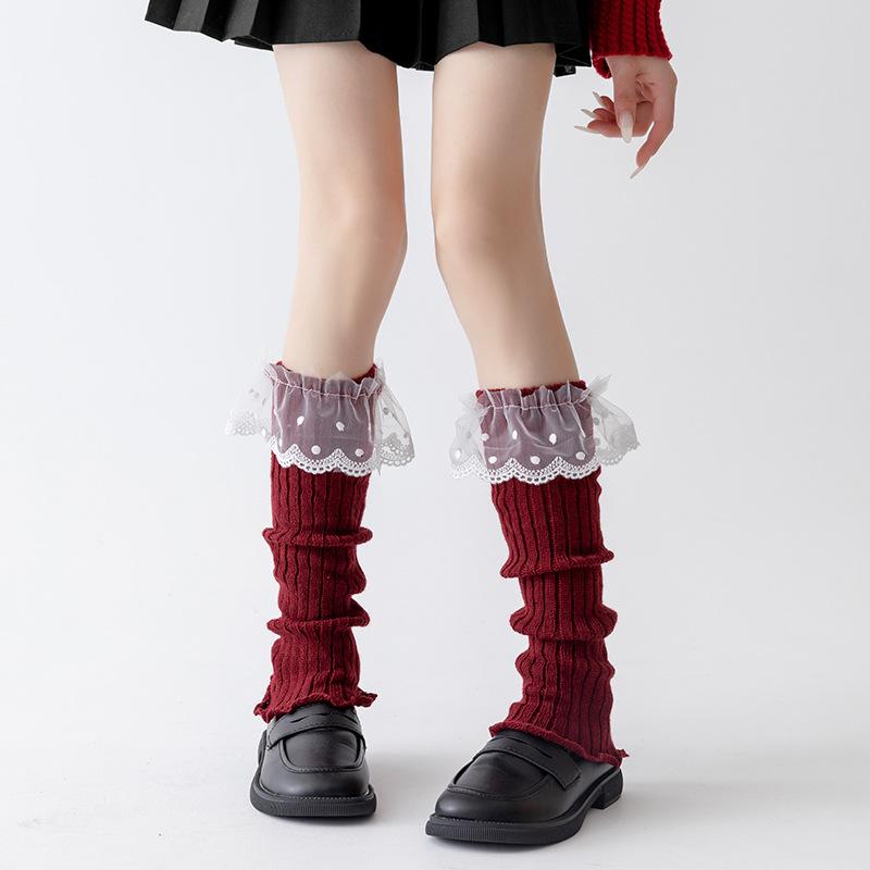 Women's Autumn Winter Red Leg Warmer Lolita Lace Frilly Heap Sock JK Knitted Foot Cover Arm Warmer Christmas New Year Boot Cuffs