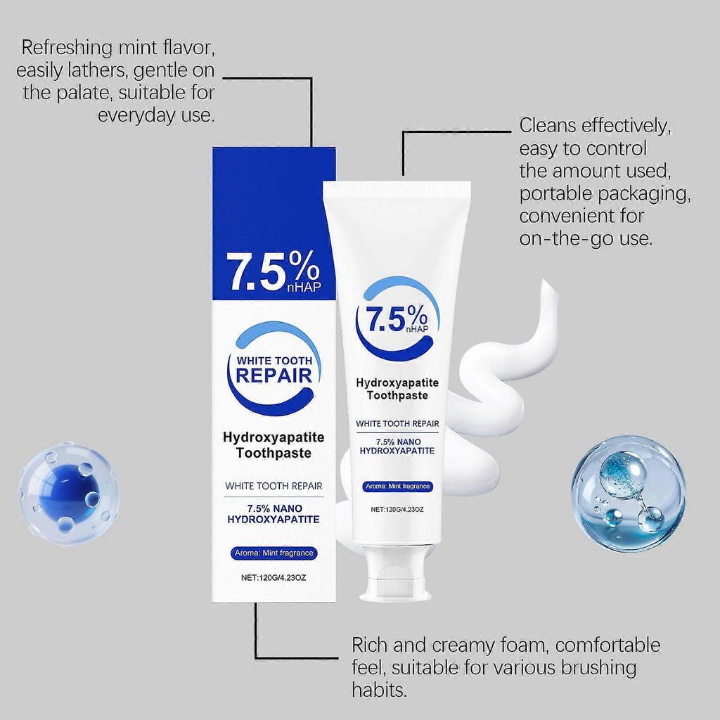 7.5% Hydroxyapatite Toothpastes for Enamel Protection and Tooth Strengthening, 7.5% Nano Hydroxyapatite Toothpaste White Tooth Repair, Gentle Mint, Fr