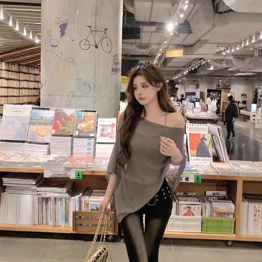 

Вязаный топ-кейп на одно плечо в стиле ретро, серого цвета - Женский летний без рукавов, с асимметричным дизайном. One Size серый