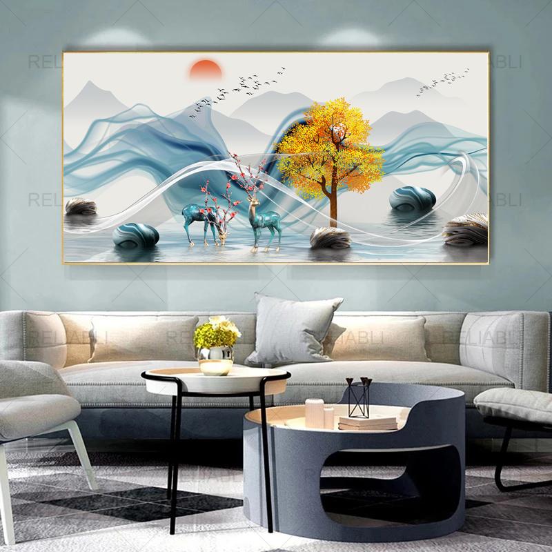 Modern Abstract Decorative Painting Deer Tree Ribbon Canvas Prints Wall Art Pictures for Living Room Light Luxury  Home Decor