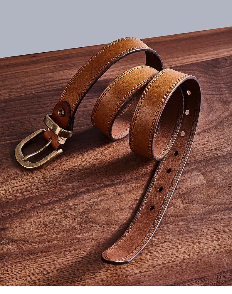 Men's Handmade Retro Leather Belt with Brass Buckle - Genuine Cowhide, Versatile and Trendy for Casual Wear