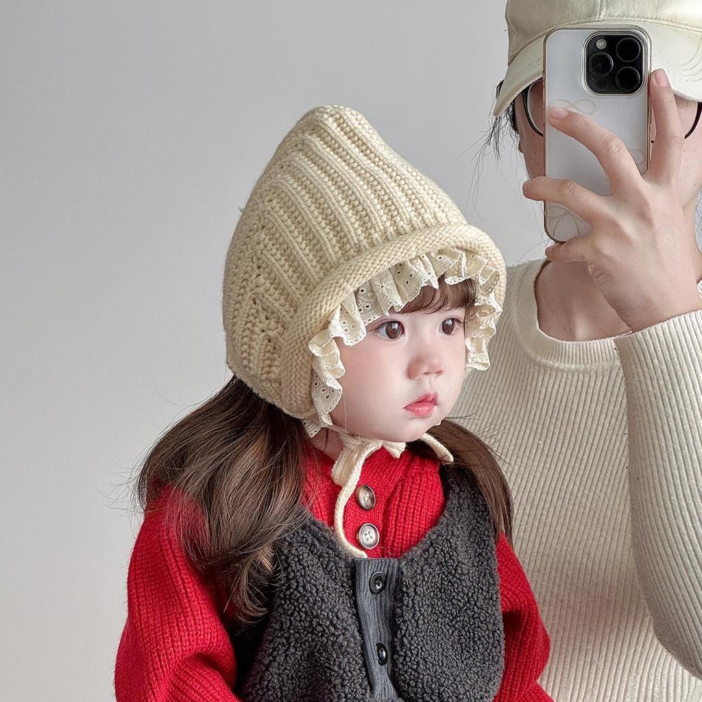 Koreański Styl Zimowa Czapka Wełniana z Koronką dla Malucha - Grubo Dziana, Wiązana, Ochrona Uszu