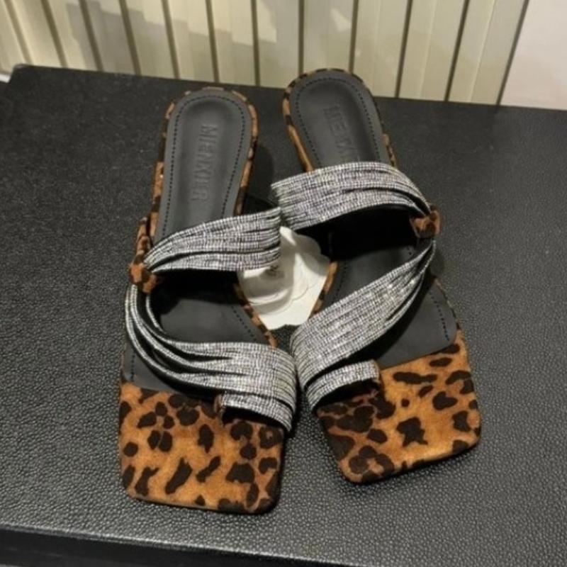 Fashion 2025 Summer Leopard Narrow Band Women Slippers Shoes Fashion Open Toe Laides Elegant Dress Wedges Heel Slides
