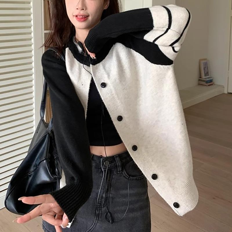 Lazy Wind Contrasting Colors Knitted Sweater Cardigan Jacket Women'S Spring And Autumn New Models With Thin Tops