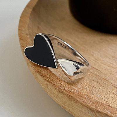 925 Sterling Zilver Unieke Ring Voor Vrouwen Sieraden Vinger Verstelbaar Vintage Zwart Hart Ring Voor Feest Verjaardagscadeau