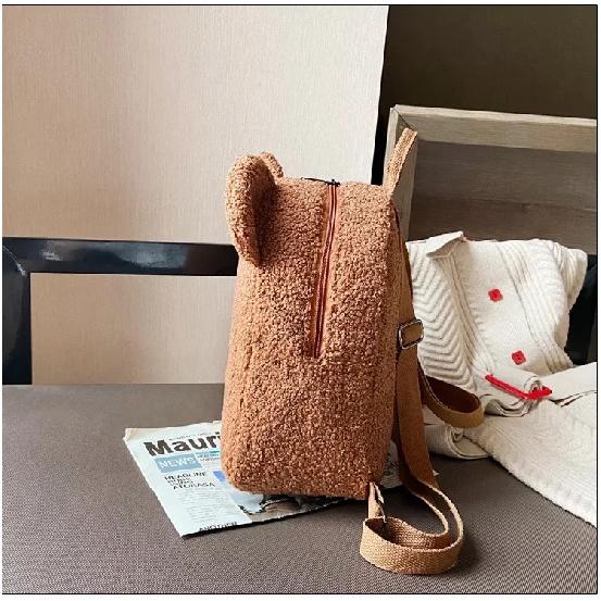 Cute Bear Ear Fleece Small Backpack Kids Girls Casual Warm Lambswool Daypack Bag Schoolbag Rucksack For Travel Shopping