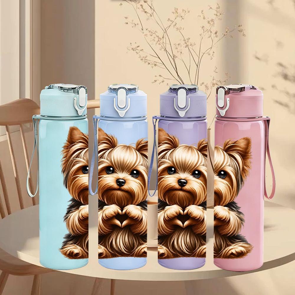 1PZ Cucciolo Yorkshire Terrier Ritratto 750ml Plastica Colorata Borraccia Sportiva Tappo Flip con Cannuccia Anti-perdita Adatta per Sport Ufficio Uso Domestico