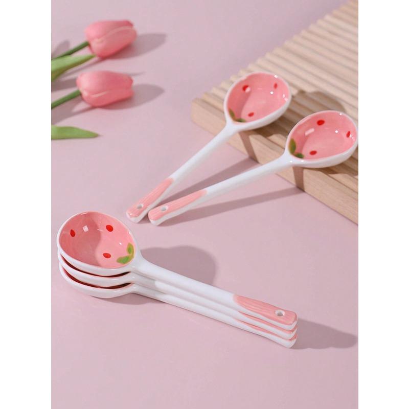 Pink Strawberry Ceramic Spoon Long-Handled Soup Spoon Houseware Spoon Dessert Spoon Set,Kitchen