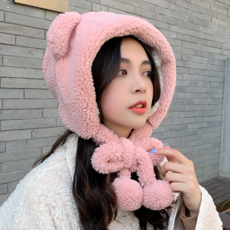 Winter Cute Bear Ears Warm Hat Women Beanies Windproof Cap Student Women Add Wool Cap Female Bomber Hat Present