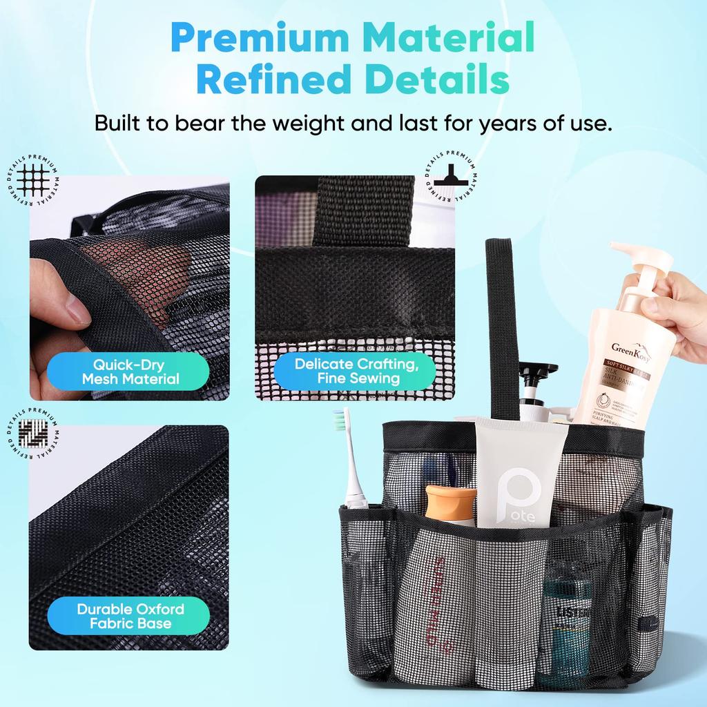 Women'S Portable Shower Storage Bag Large Capacity Mesh Shower Caddy Tote With 8 Pockets Black Multifunctional Home Storage Bags
