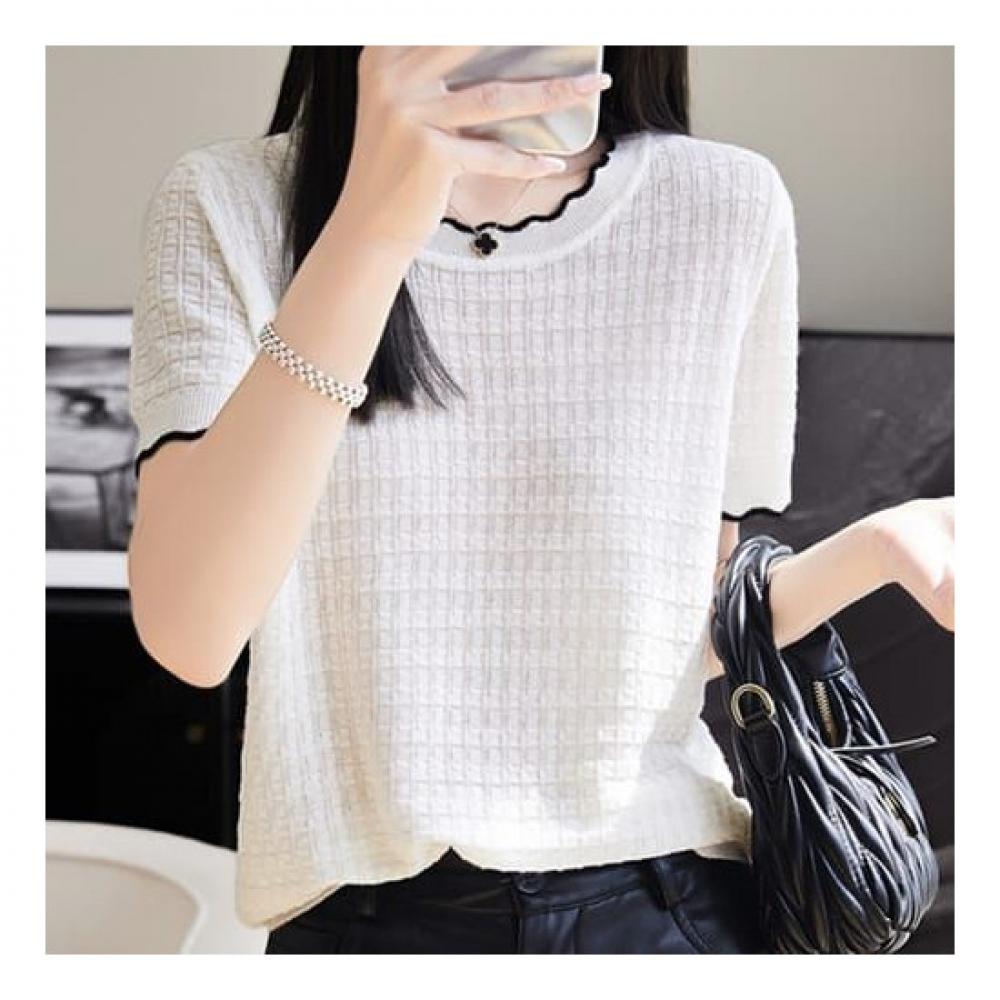 Navava Short Sleeve Solid Wave Knit Round Neck Nk2254