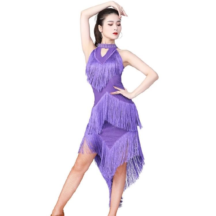 Glittering Latin Dance Dress Asymmetrical Sequins Fringe Performances Costume Breathable Polyester Stage Outfit