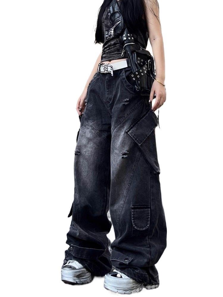 Women's Plus Size American Streetwear Multi-Pocket Wide Leg Cargo Jeans