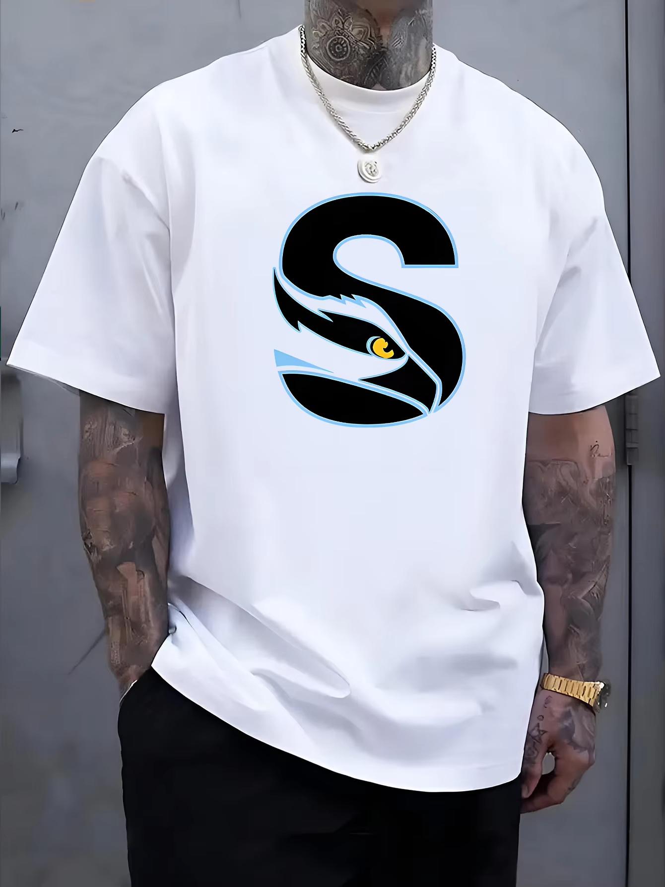 

Hot-selling Men s 100% Pure Cotton Short-sleeved Casual Loose Top with S-shaped Letter Print, Crew Neck Short-sleeved T-shirt 5XL