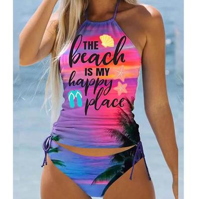 Women's Colorful Sunset Print Halter Bikini Tankini Swimsuit