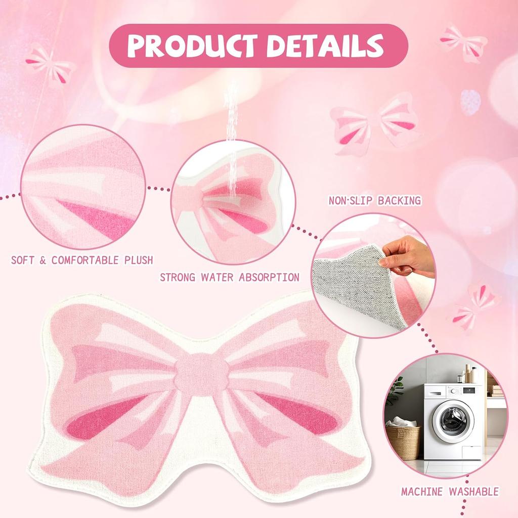 FEBSNOW Pink Bow Bathmat Rugs, Non Slip Coquette Bow Cute Aesthetic Carpet, Cute Room Decor Coquette Rug for Bathroom Bathtub Shower Bedroom and