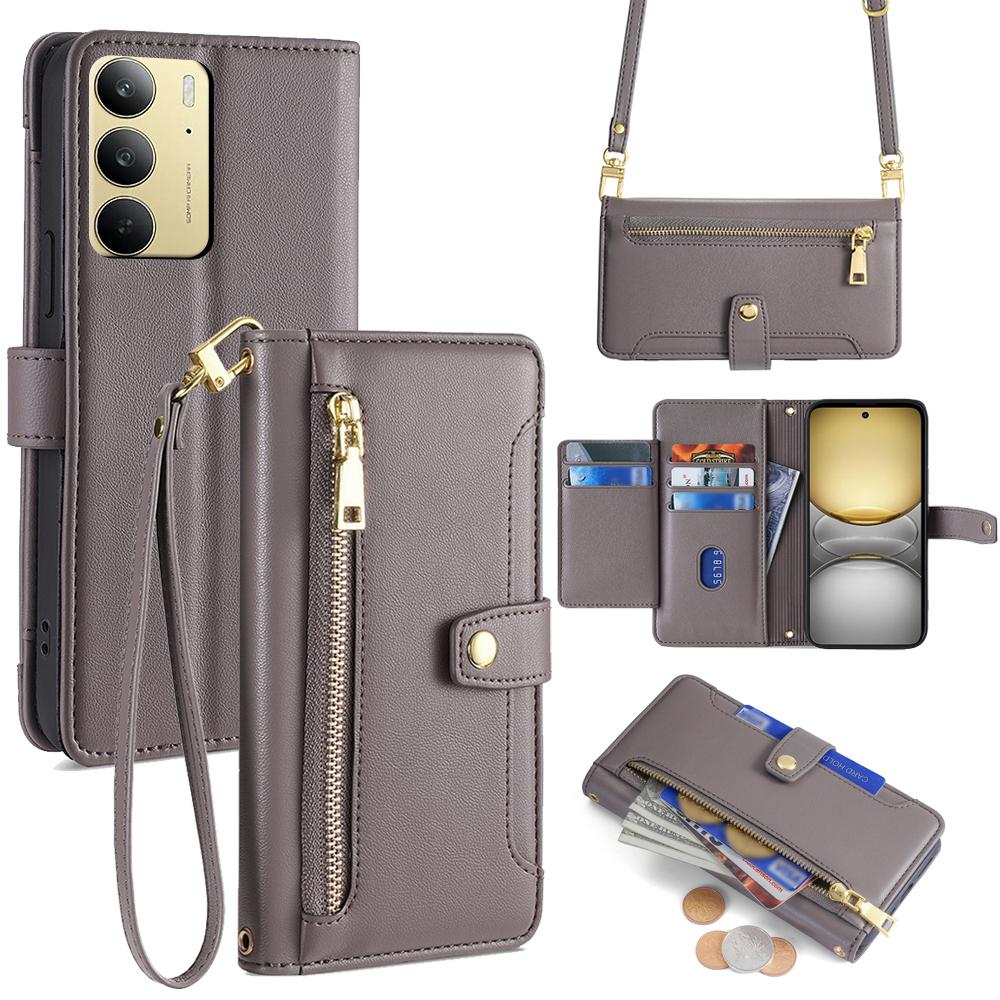 For Realme C75/14x 5G Case Zipper Pocket Wallet Leather Phone Cover with 2 Straps