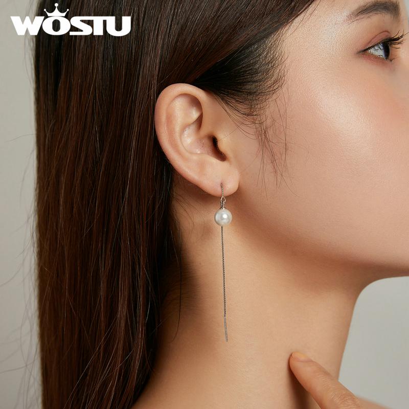 WOSTU 925 Sterling Silver Long Tassel Ear Cords Simple Shell Pearl Line Drop Earrings For Women Fashion Silver Jewelry CQE878-B