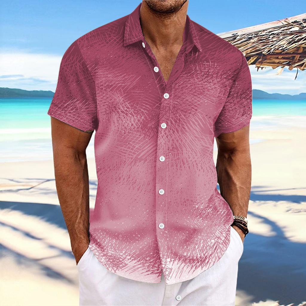 Striped Gradient Printed Top with Lapel Fashionable Men's Short-sleeved Shirts