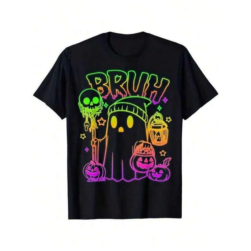 Kids Crewneck Short Sleeve Tee, Neon Green Pink Spooky Pumpkin BRUH Print 110 чёрный