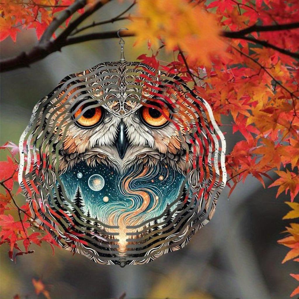 Dynamic 2D Metal Wind Spinner Mystical Owl Design Vibrant Nature Patterns Durable Outdoor Garden Decor Perfect Gift Yard Art Autumn Display