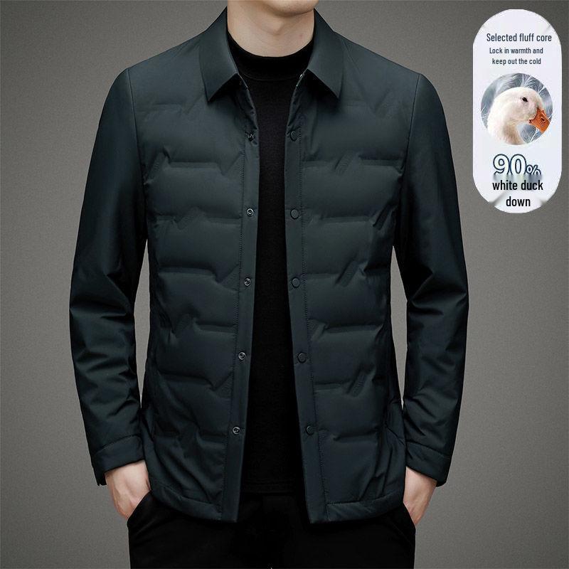 Men's Short Warm White Duck Down Winter Jacket with Turn-Down Collar – Waterproof Dad Coat
