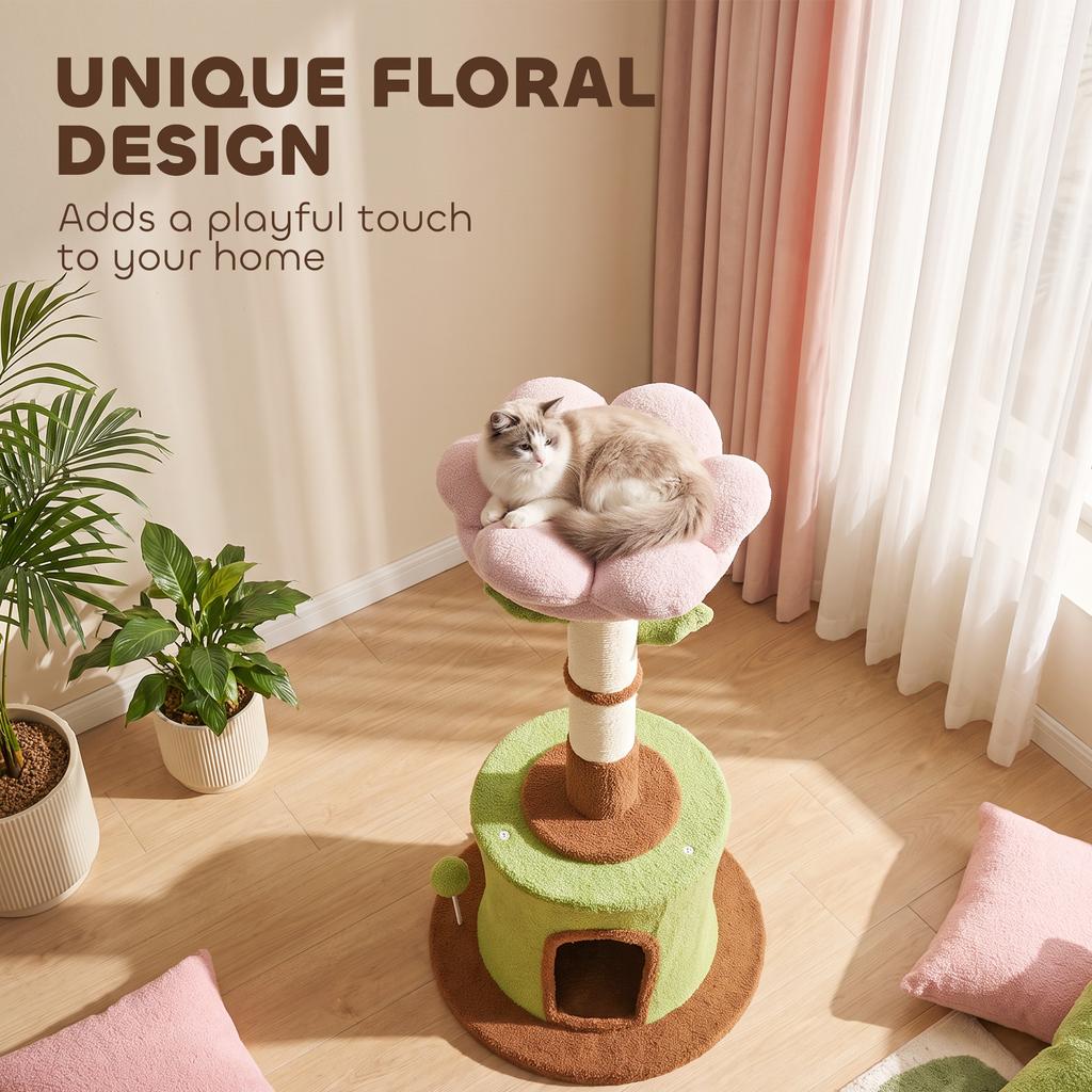 Cat Tree for Indoor Kittens, 88cm Flower Cat Tower with Condo & Bed, Scratching Post, 2 Toy Balls and 2 Crinkle Leaves
