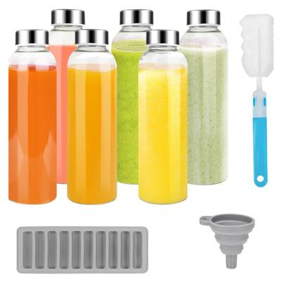 6Pcs Glass Juice Bottles Set 500ml Refillable Clear Glass Water Bottles with Airtight Caps Leak Proof Reusable Juicer Bottles