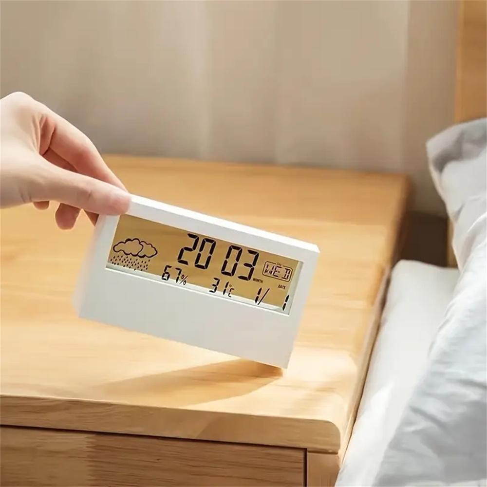 Silent Smart Clock LED Electronic Desk Clock with Digital Weather Thermometer Hygrometer and Date Display in Transparent Design