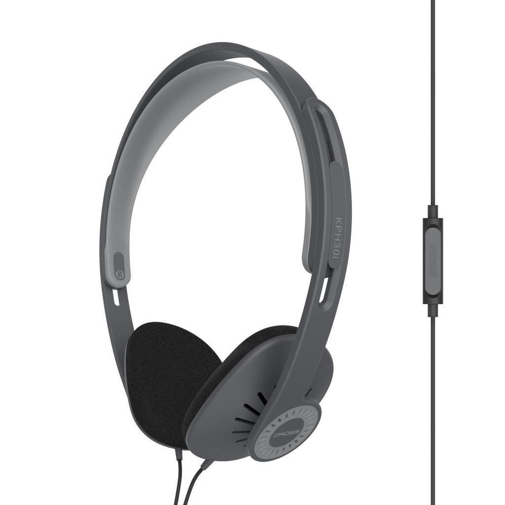 Koss KPH30iK On-ear Headphones with In-line Microphone and Touch Remote, D-profile Design, Wired with 3.5mm Plug, Dark Gray and Black.