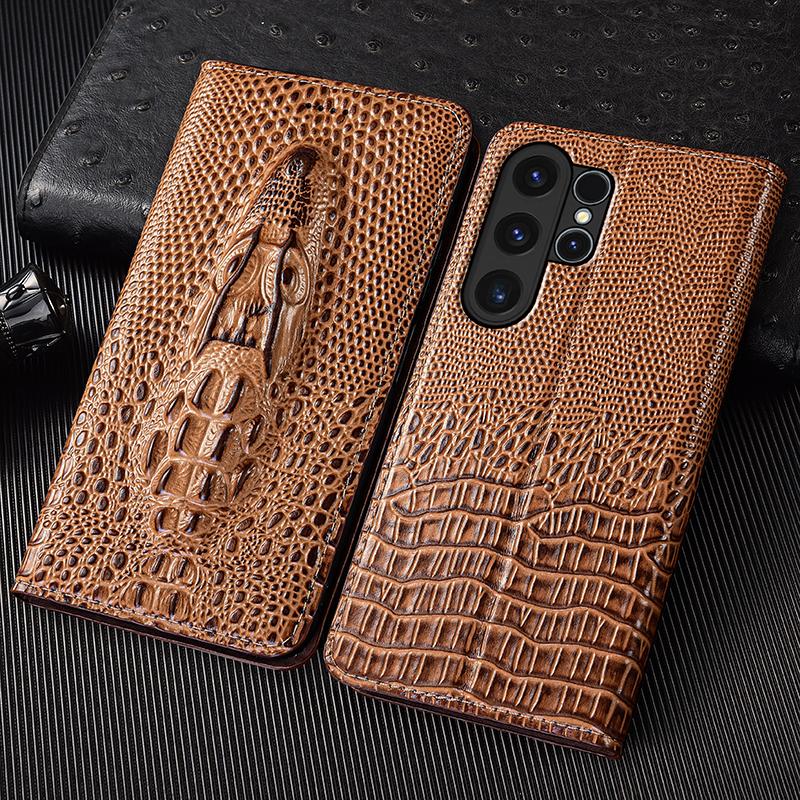 Custodia a Flip in Vera Pelle con Testa di Coccodrillo per Samsung Galaxy S7 S8 S9 S10 S10e S20 S21 S22 S23 S24 S25 Plus FE Ultra Coperture Custodie