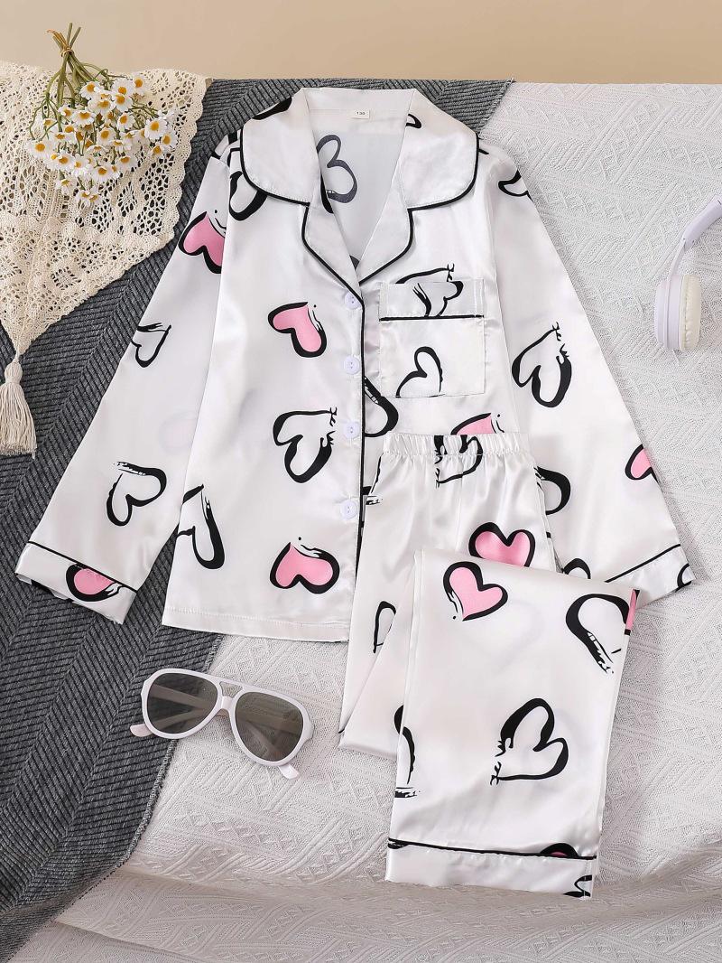 Heart Print Silk Pajamas for Girls - Long Sleeve & Pants Set 100
