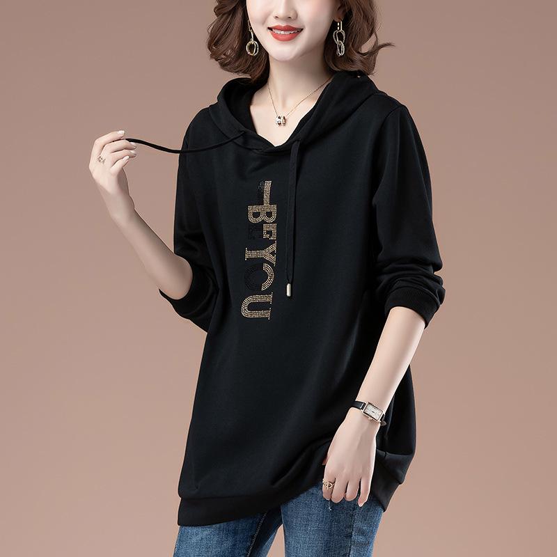 Women's Mid-Length Hooded Sweatshirt - Loose Fit, Plus Size, Casual Top for Spring/Autumn, Hip-Covering Design for Middle-Aged Moms