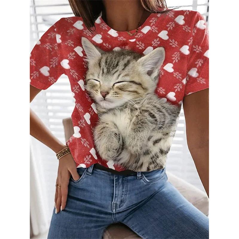 Sommer Rundhals 3D Katzenprint Top Modische Lässige Kurzarm Damen T-Shirts