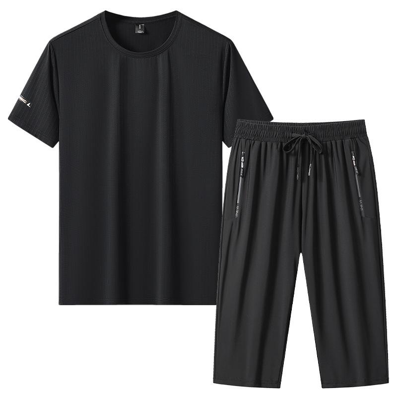 Large Size Sports Suit Men's Short Sleeved Two-piece Set Men's Running and Fitness Clothes Summer Loose Thin Ice Silk Sportswear