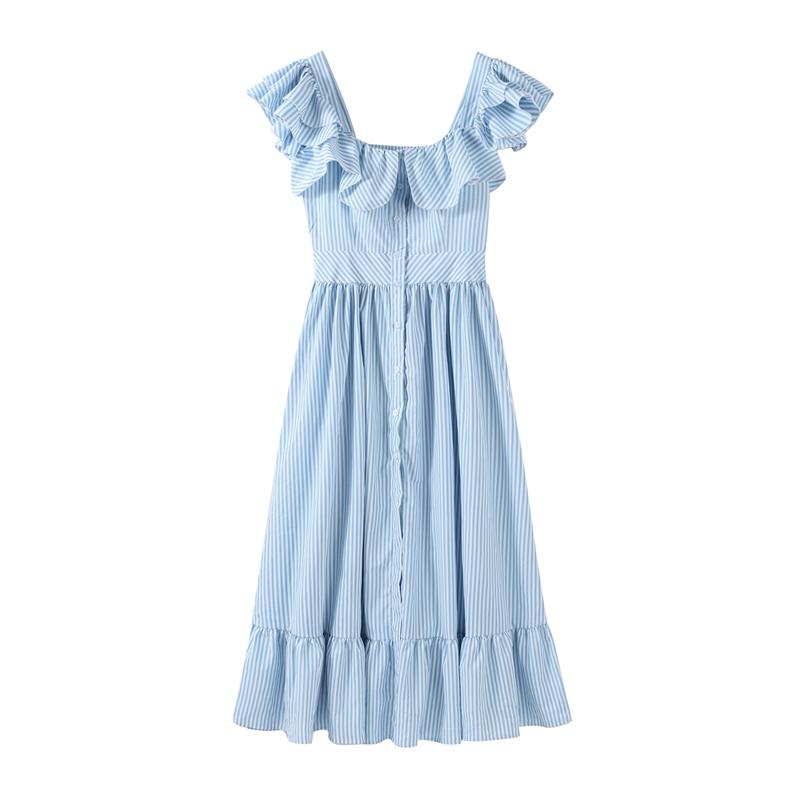 

LYRIA Элегантное синее полосатое платье с оборками на пуговицах, длинное, женское, облегающее, с квадратным вырезом, без рукавов, для вечеринки, женские платья, женский халат M