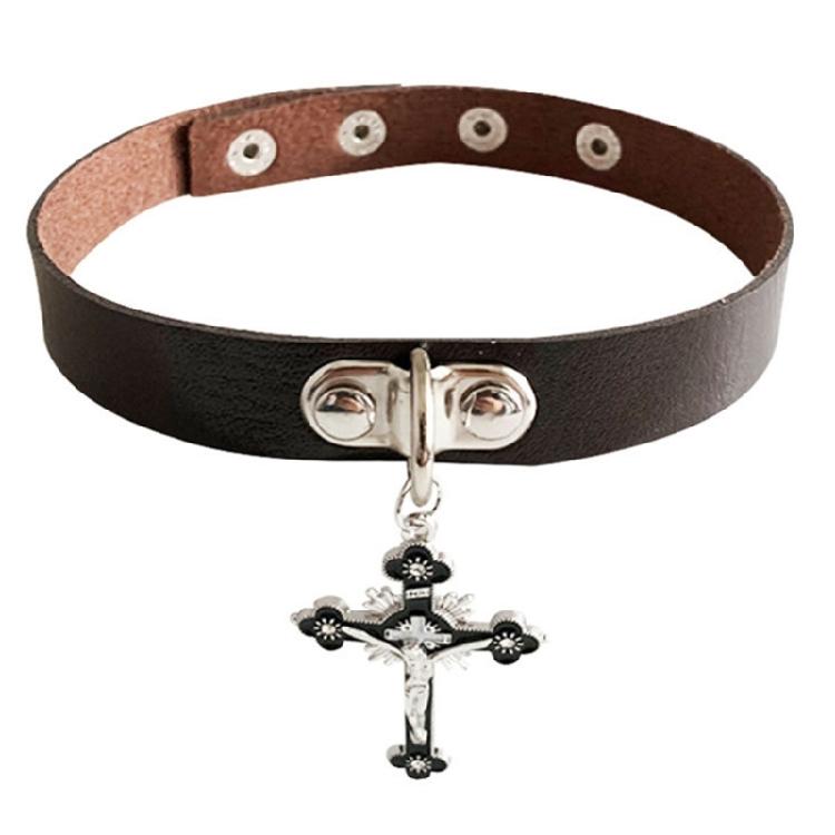 Gothic Cross PU Leathers Choker Necklace Womens Necklace Pendant Jewelry