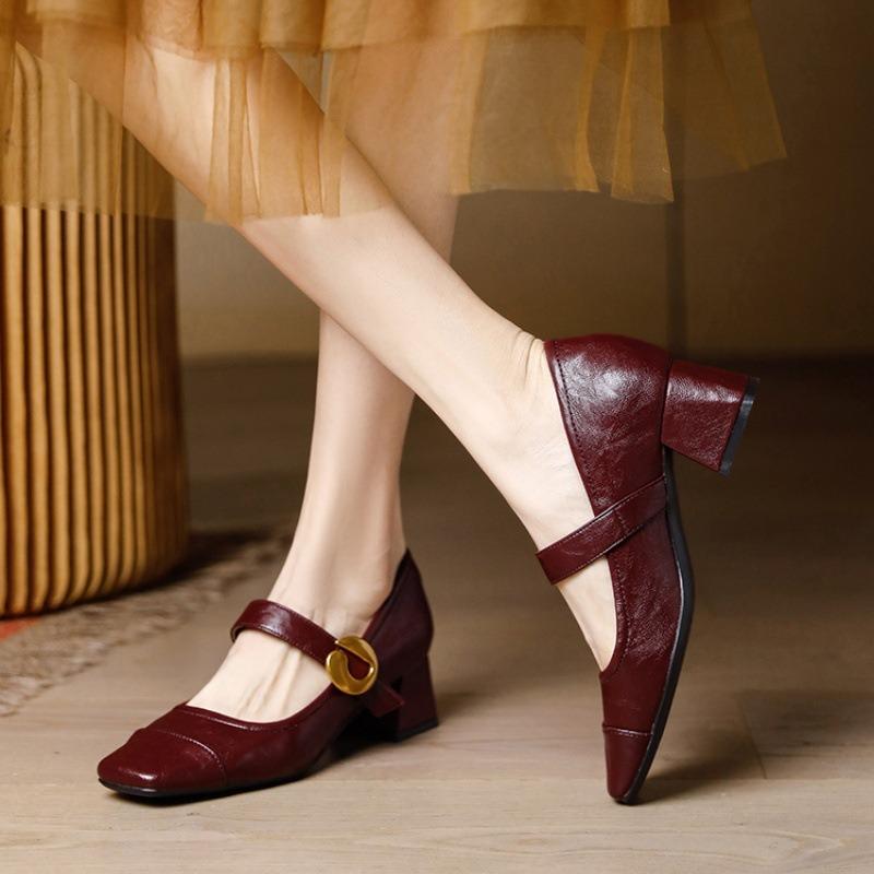 Mary Jane shoes shallow single shoes women's autumn and winter new design thick heel retro small leather shoes
