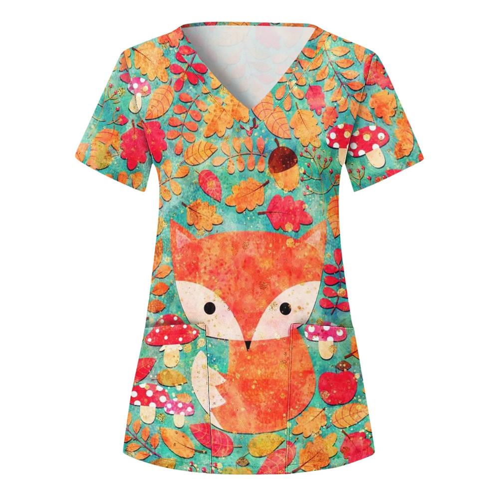 Zdravotní uniforma Dámské topy Tričko s výstřihem do V Kočka Psík Kreslený topy s potiskem Uniforma Uniforma s krátkým rukávem Kapsy Zdravotní Dámská Uniforma Sestra