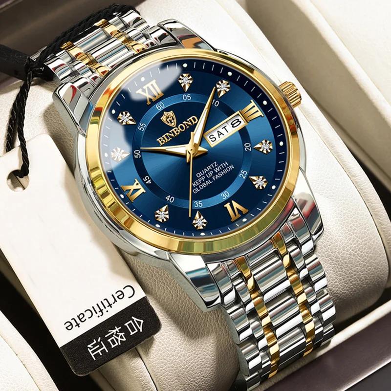 BINBOND Luxury Men Quartz Watch Waterproof Date Week Luminous Wristwatch Stainless Steel Men's Watches Male Clock Sports Reloj