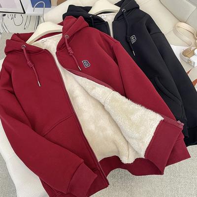 Plus Velvet Thick Hooded Lamb Fleece Sweater Women's Autumn and Winter Loose Warm Long-sleeved Cardigan Zipper Jacket