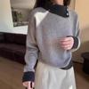 Loose soft waxy raspberry powder splicing pullover sweater women's autumn and winter lapel knit inner chic and beautiful top
