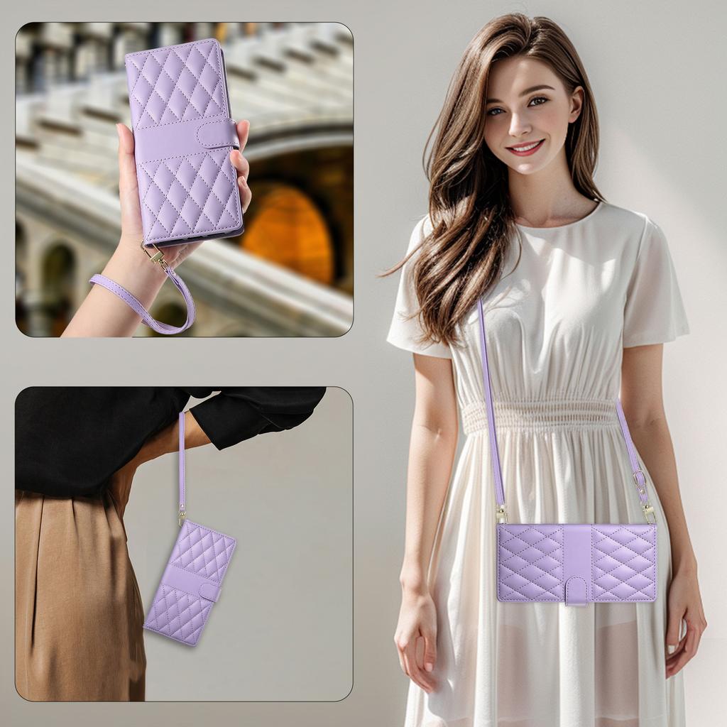 For iPhone 17 Pro Max Case Rhombus Stitching Wallet Stand Leather Phone Cover with Long/Short Strap
