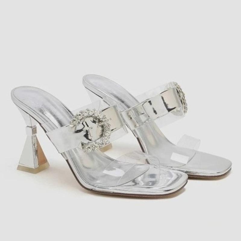 

Fashion Stiletto Liangtuo Women s Summer New Square Toe Open Toe Rhinestone Buckle Clear Strap Anti-slip Wear-resistant High Heels 40 серебряный